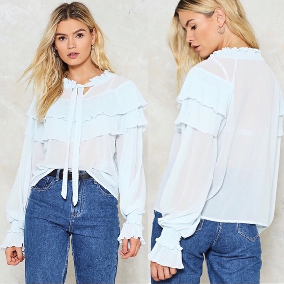 NWT Nasty Gal Blue Gravity Ties Ruffle Top Blouse - Picture 2 of 12
